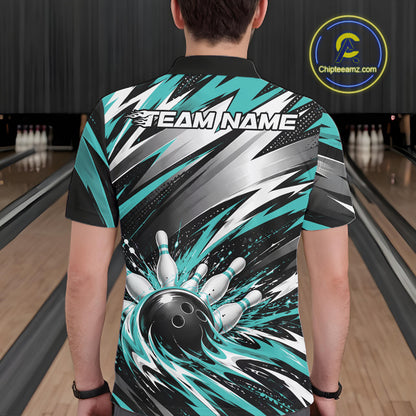 Custom Black And Teal Flame Bowling Jersey, Bowling Polo Team Shirt For Men IPHW12412