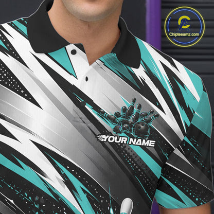 Custom Black And Teal Flame Bowling Jersey, Bowling Polo Team Shirt For Men IPHW12412
