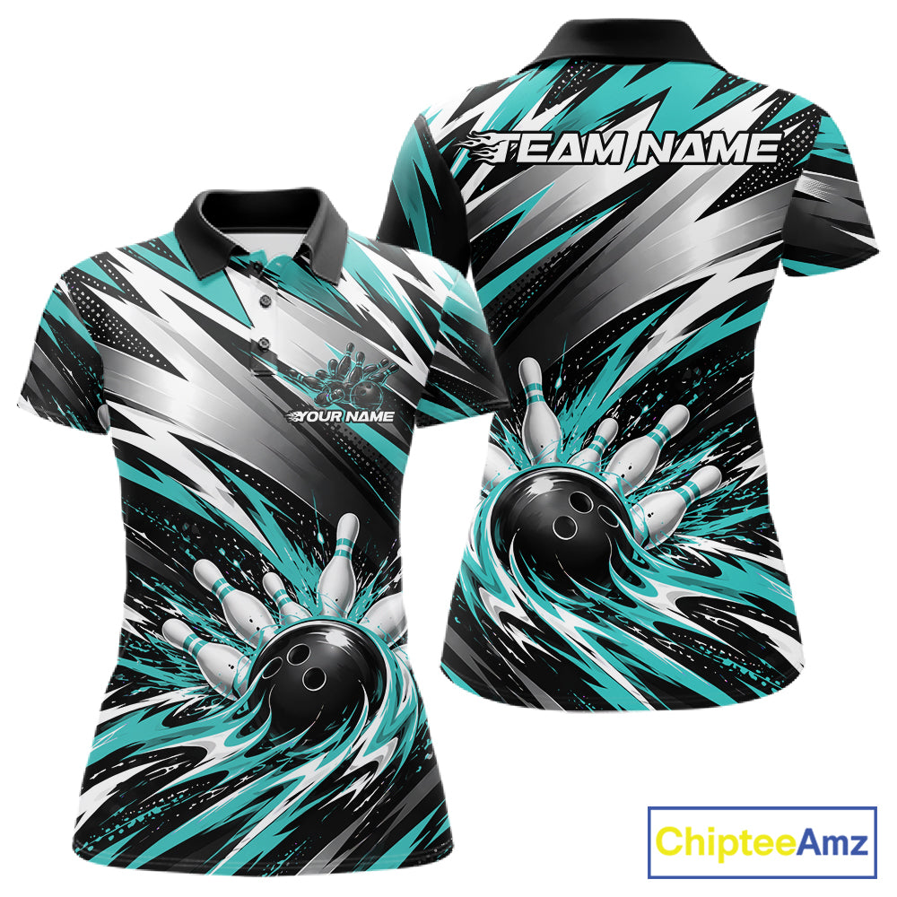 Custom Black And Teal Flame Bowling Jersey, Bowling Polo Team Shirt For Women IPHW12412