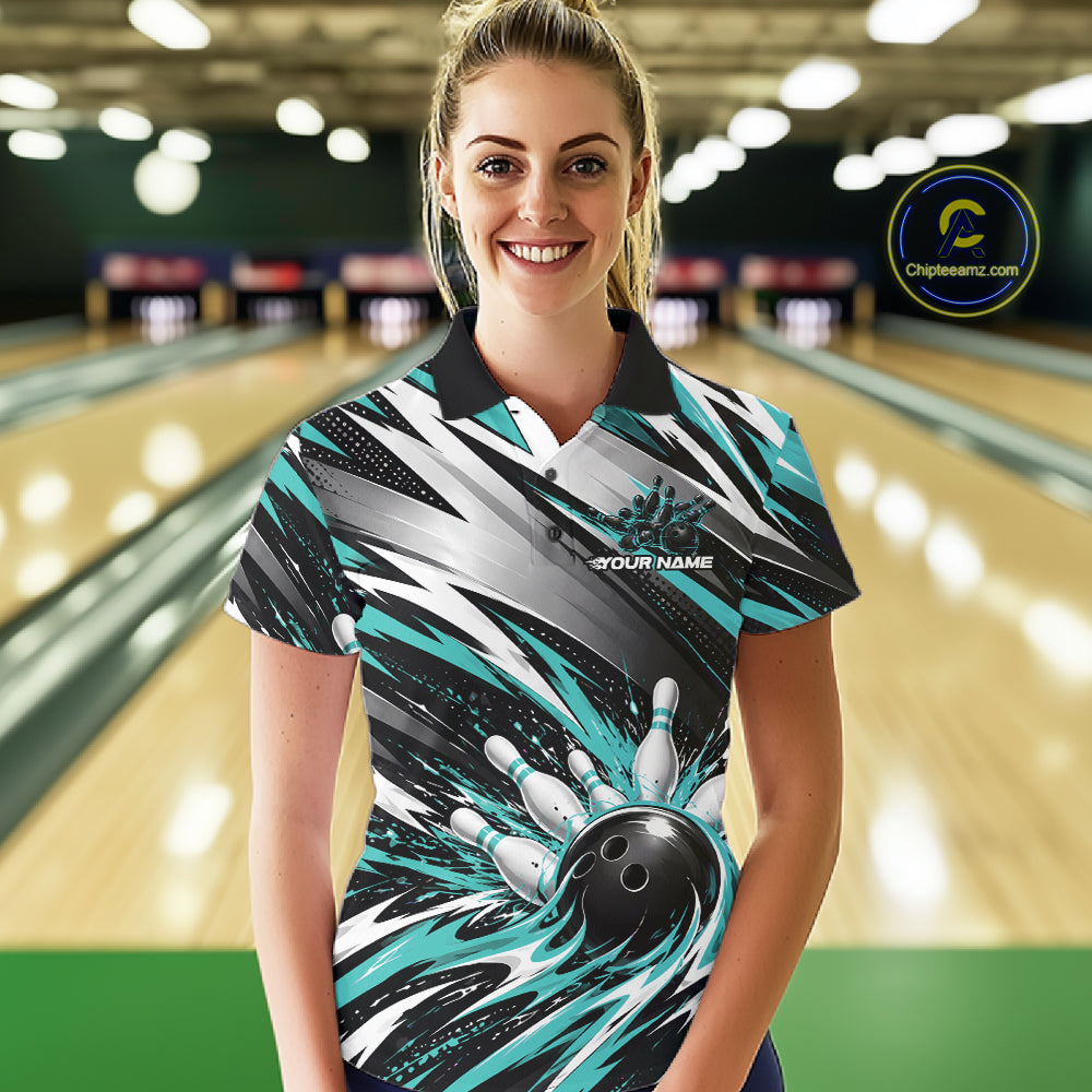 Custom Black And Teal Flame Bowling Jersey, Bowling Polo Team Shirt For Women IPHW12412