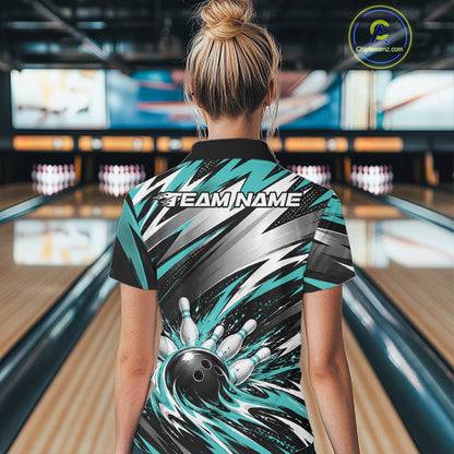 Custom Black And Teal Flame Bowling Jersey, Bowling Polo Team Shirt For Women IPHW12412