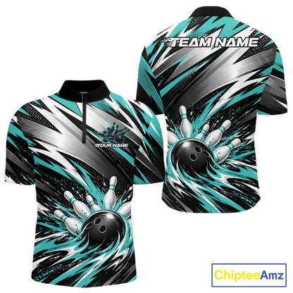 Custom Black And Teal Flame Bowling Jersey, Bowling Quarter Zip Team Shirt For Men IPHW12412