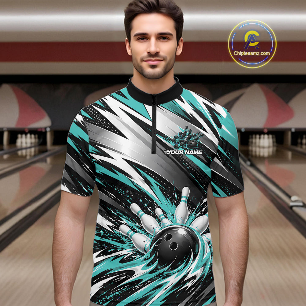 Custom Black And Teal Flame Bowling Jersey, Bowling Quarter Zip Team Shirt For Men IPHW12412