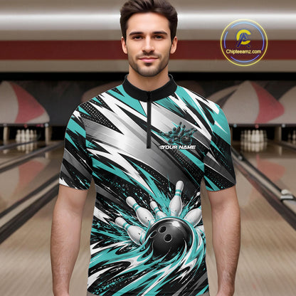Custom Black And Teal Flame Bowling Jersey, Bowling Quarter Zip Team Shirt For Men IPHW12412
