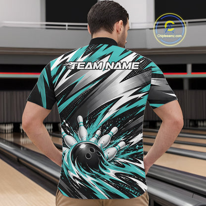Custom Black And Teal Flame Bowling Jersey, Bowling Quarter Zip Team Shirt For Men IPHW12412