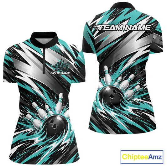 Custom Black And Teal Flame Bowling Jersey, Bowling Quarter-Zip Team Shirt For Women IPHW12412