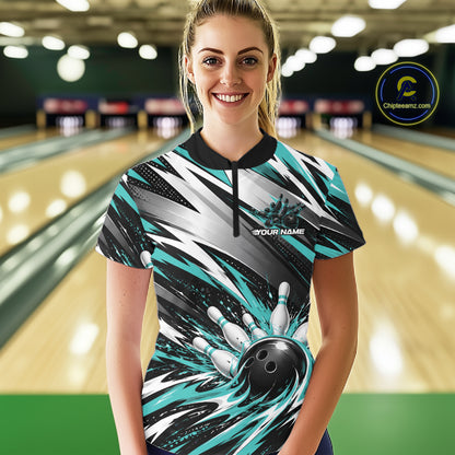 Custom Black And Teal Flame Bowling Jersey, Bowling Quarter-Zip Team Shirt For Women IPHW12412