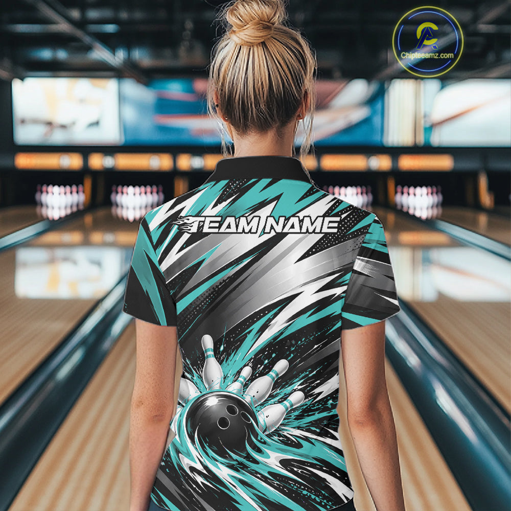 Custom Black And Teal Flame Bowling Jersey, Bowling Quarter-Zip Team Shirt For Women IPHW12412