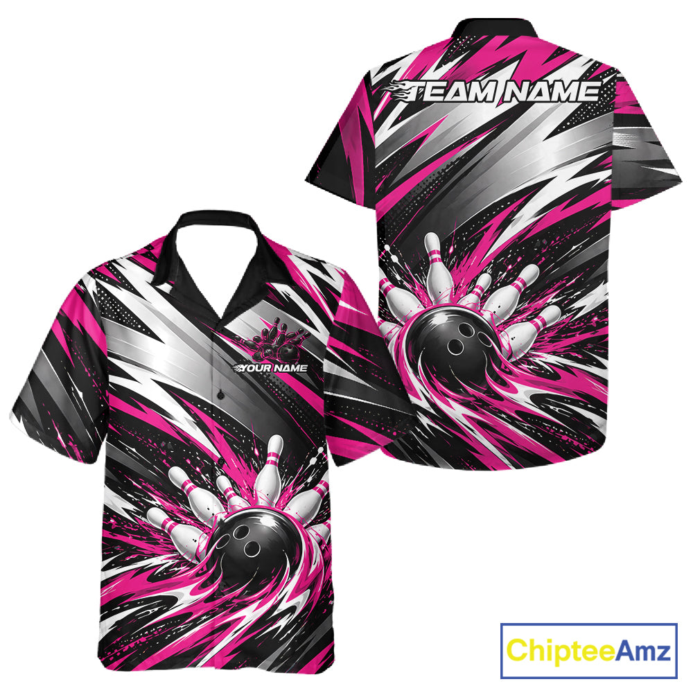 Custom Black And Pink Flame Bowling Jersey, Bowling Button Up Team Shirt For Men And Women IPHW12413
