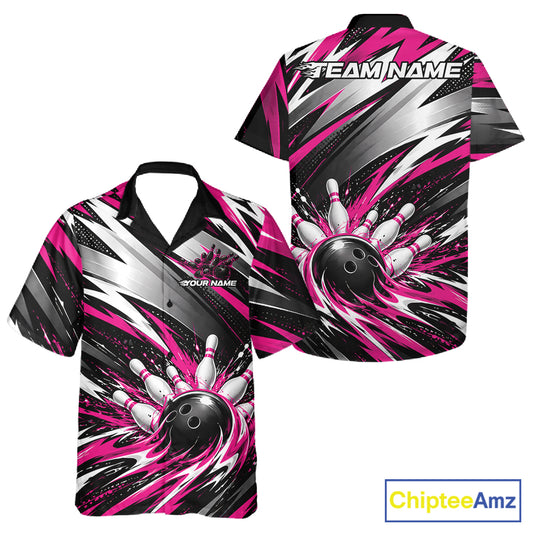 Custom Black And Pink Flame Bowling Jersey, Bowling Button Up Team Shirt For Men And Women IPHW12413