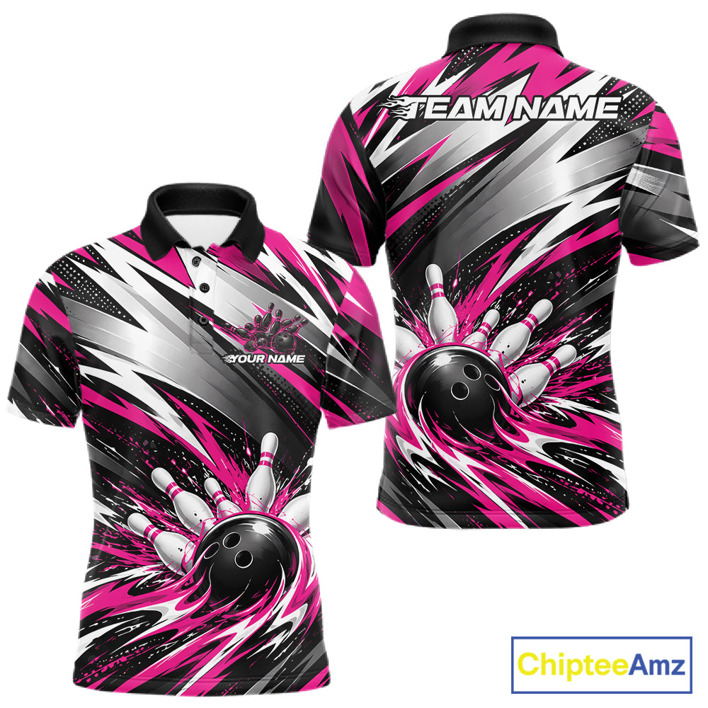 Custom Black And Pink Flame Bowling Jersey, Bowling Polo Team Shirt For Men IPHW12413