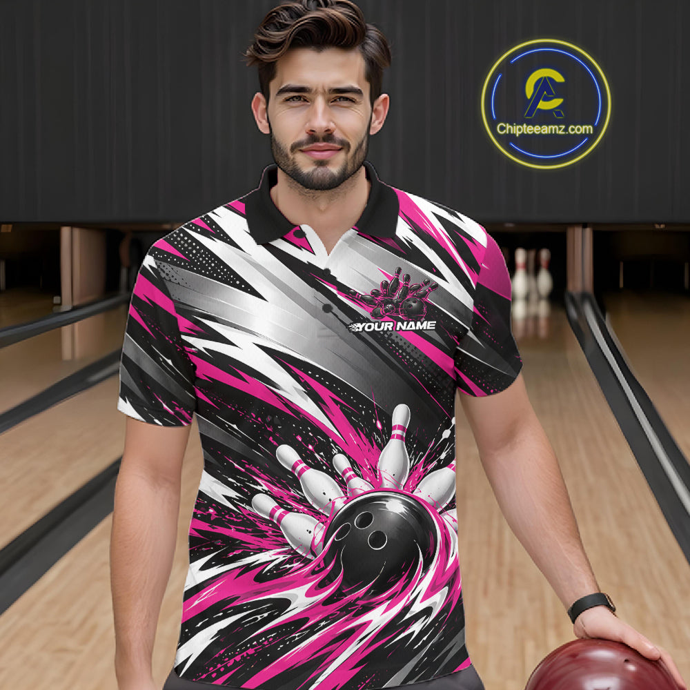 Custom Black And Pink Flame Bowling Jersey, Bowling Polo Team Shirt For Men IPHW12413