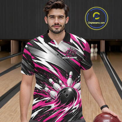 Custom Black And Pink Flame Bowling Jersey, Bowling Polo Team Shirt For Men IPHW12413