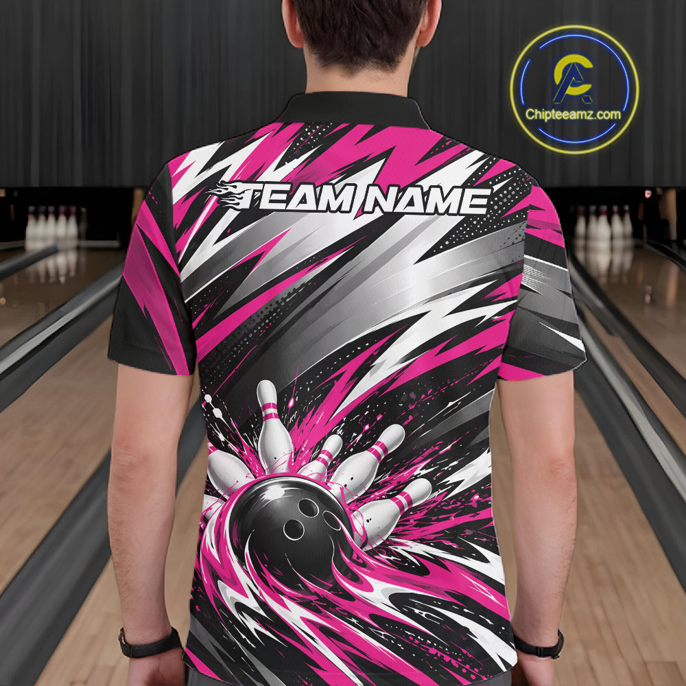 Custom Black And Pink Flame Bowling Jersey, Bowling Polo Team Shirt For Men IPHW12413