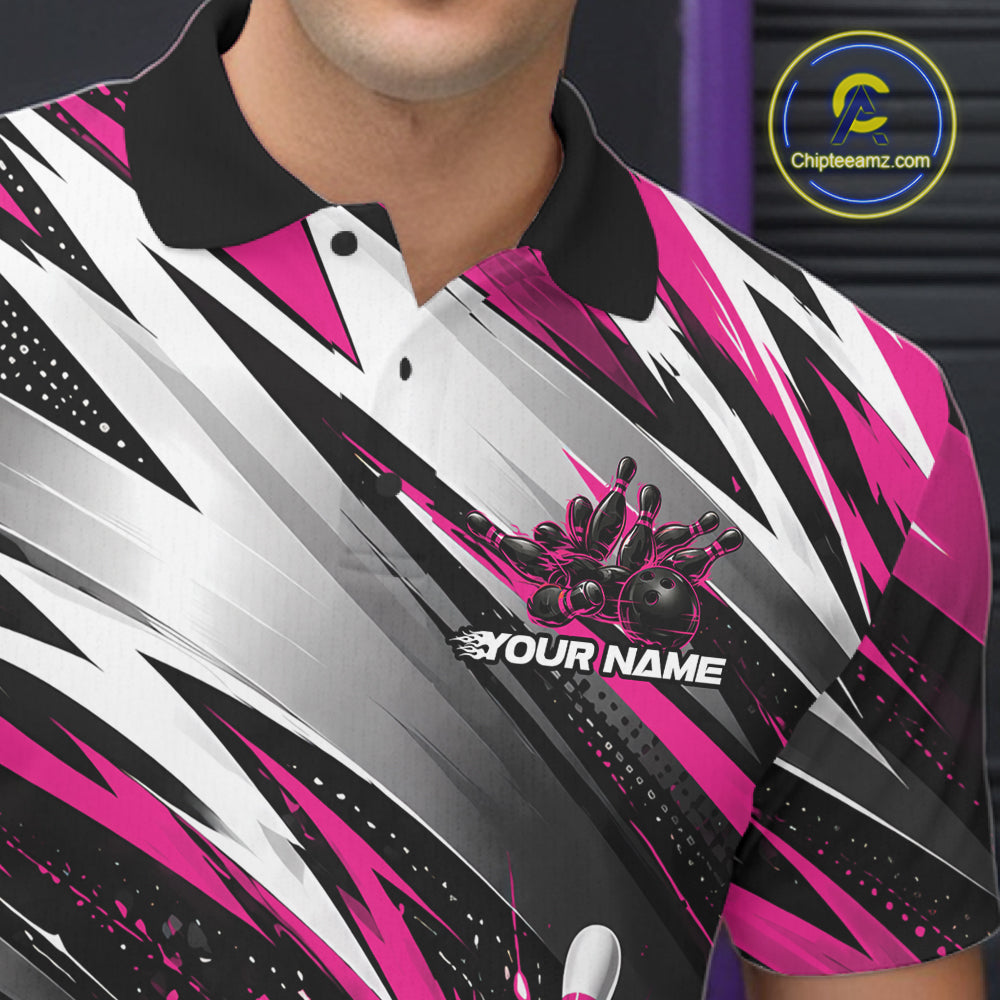 Custom Black And Pink Flame Bowling Jersey, Bowling Polo Team Shirt For Men IPHW12413