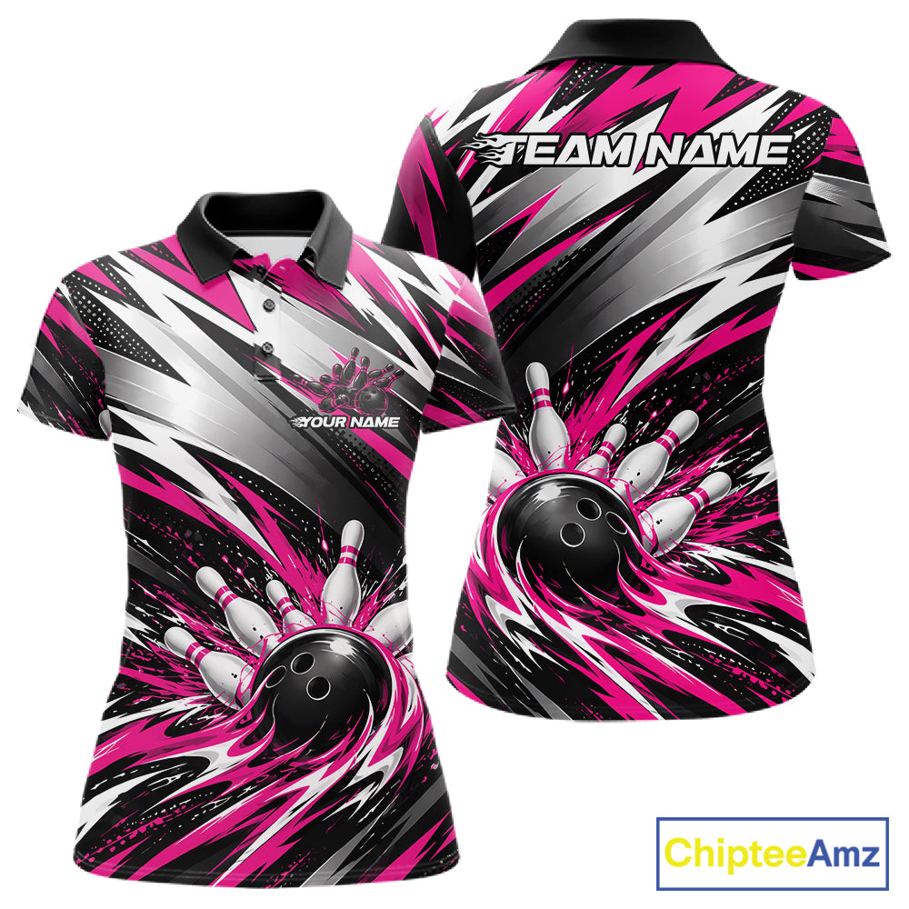 Custom Black And Pink Flame Bowling Jersey, Bowling Polo Team Shirt For Women IPHW12413