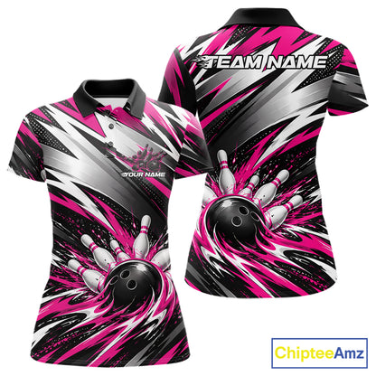 Custom Black And Pink Flame Bowling Jersey, Bowling Polo Team Shirt For Women IPHW12413