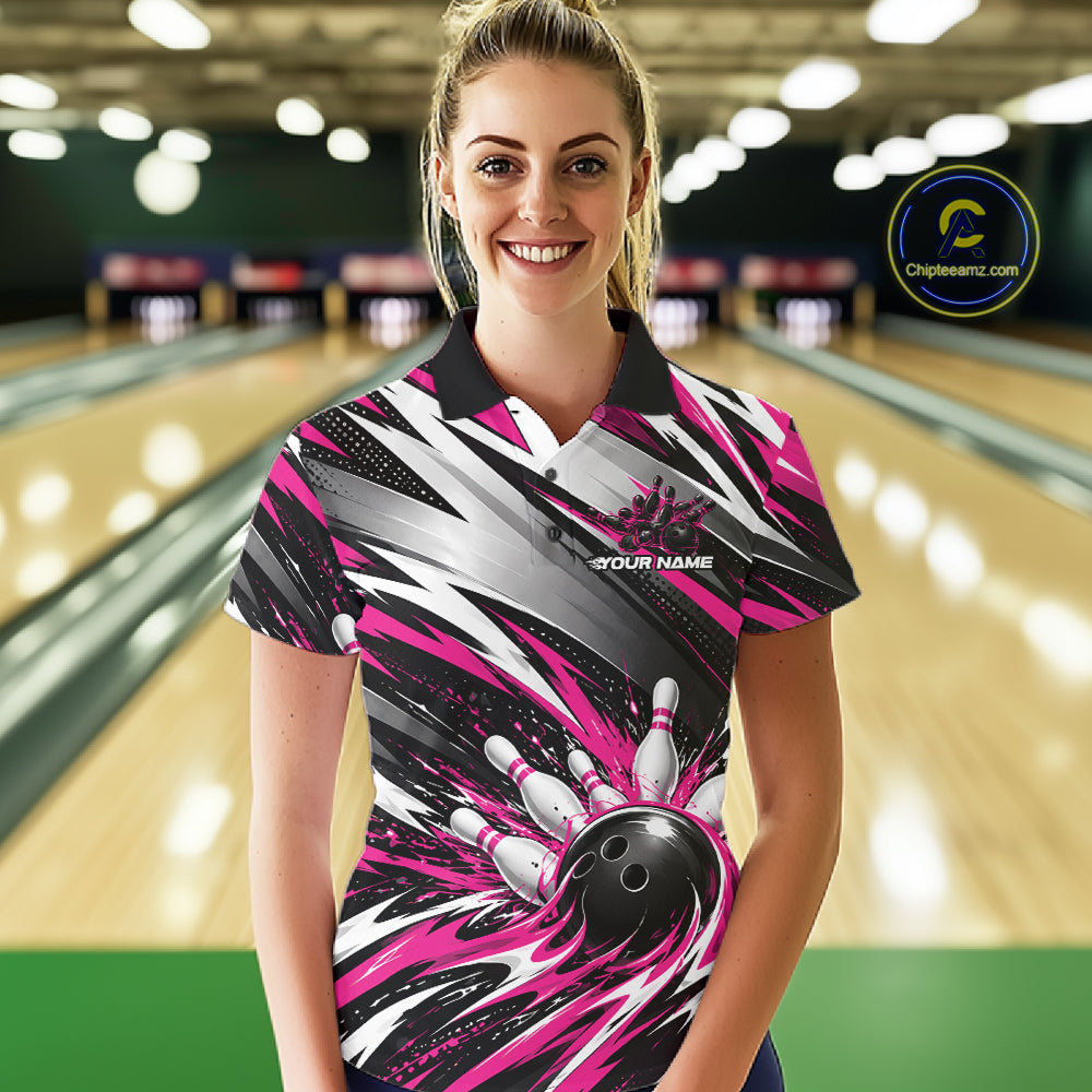 Custom Black And Pink Flame Bowling Jersey, Bowling Polo Team Shirt For Women IPHW12413