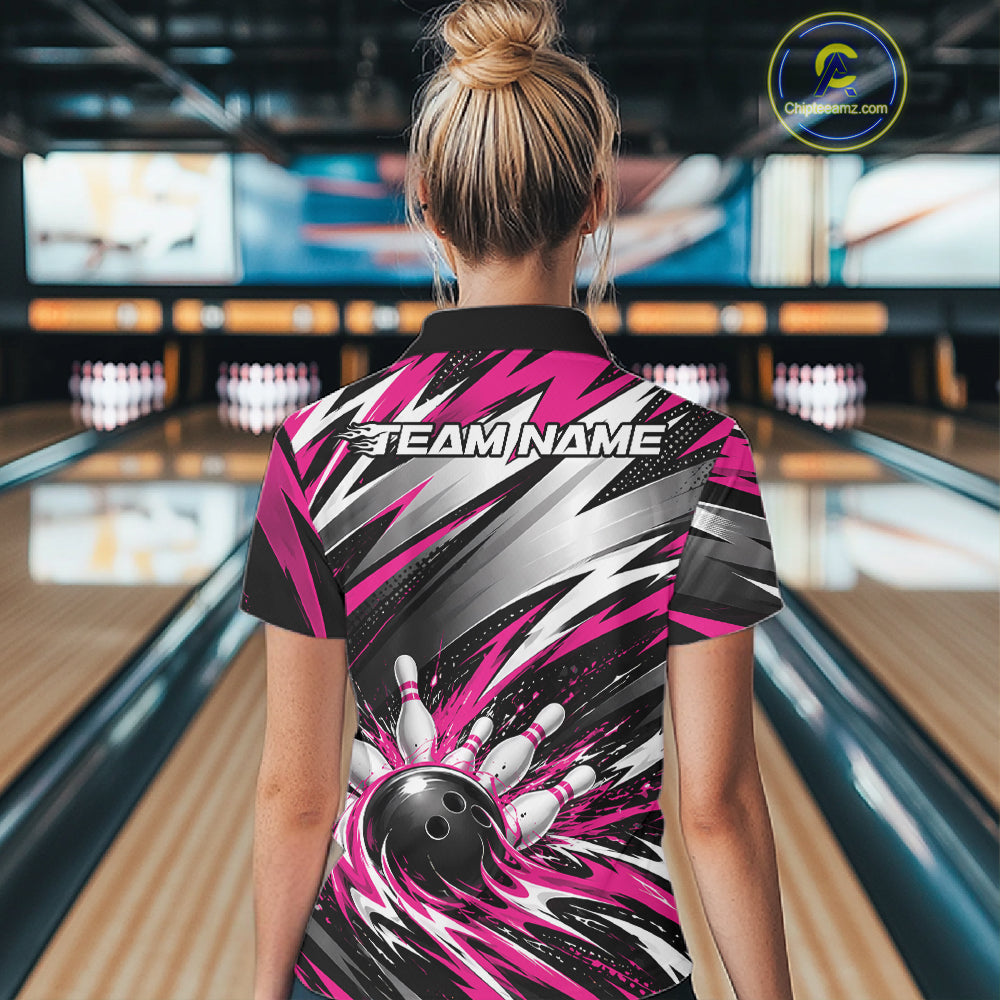 Custom Black And Pink Flame Bowling Jersey, Bowling Polo Team Shirt For Women IPHW12413