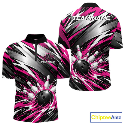 Custom Black And Pink Flame Bowling Jersey, Bowling Quarter Zip Team Shirt For Men IPHW12413