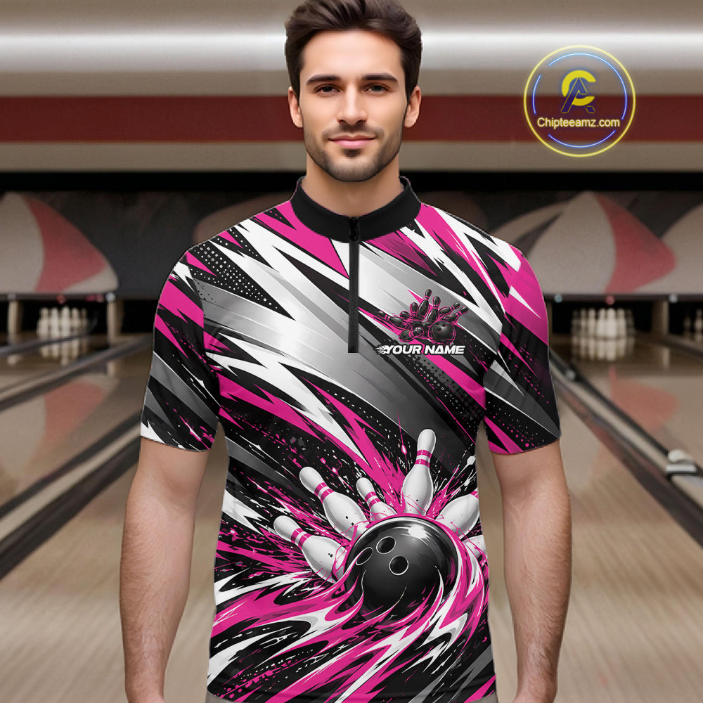 Custom Black And Pink Flame Bowling Jersey, Bowling Quarter Zip Team Shirt For Men IPHW12413