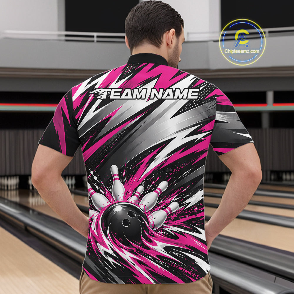 Custom Black And Pink Flame Bowling Jersey, Bowling Quarter Zip Team Shirt For Men IPHW12413