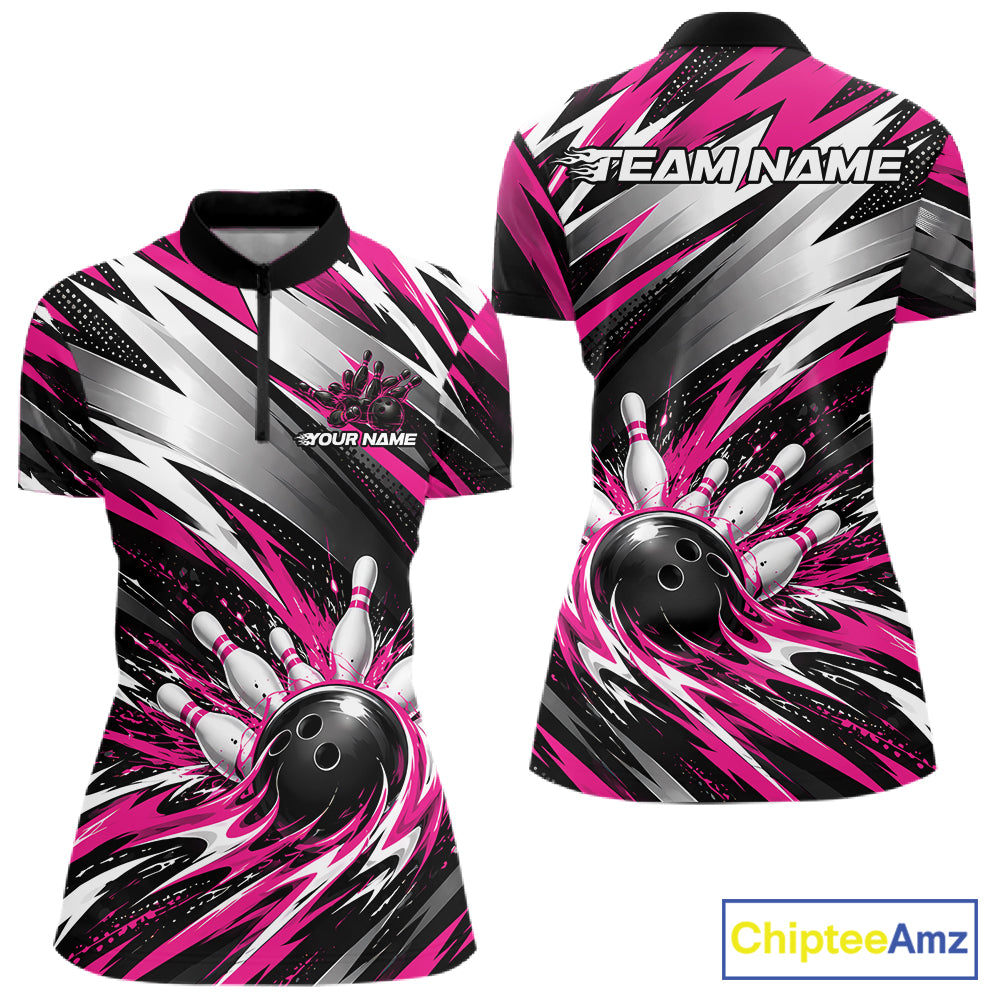 Custom Black And Pink Flame Bowling Jersey, Bowling Quarter-Zip Team Shirt For Women IPHW12413