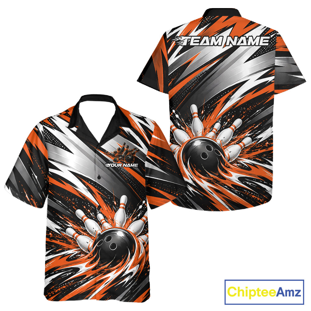 Custom Black And Orange Flame Bowling Jersey, Bowling Button Up Team Shirt For Men And Women IPHW12414