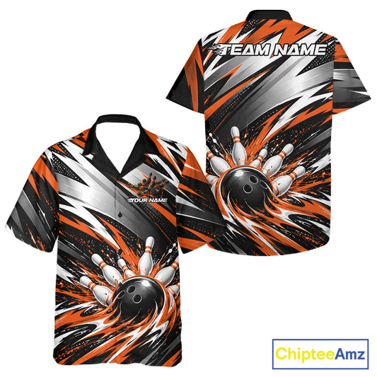 Custom Black And Orange Flame Bowling Jersey, Bowling Button Up Team Shirt For Men And Women IPHW12414