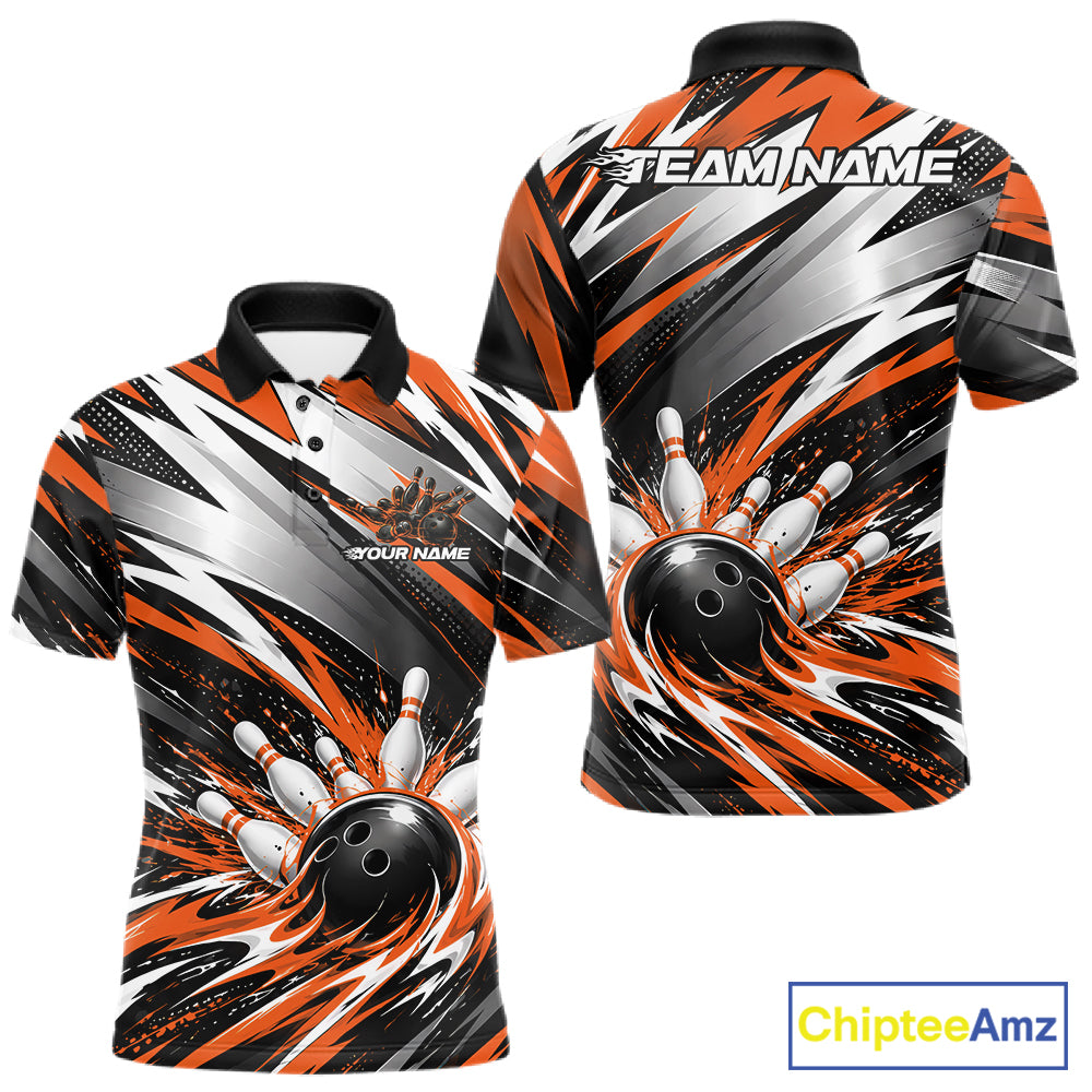 Custom Black And Orange Flame Bowling Jersey, Bowling Polo Team Shirt For Men IPHW12414