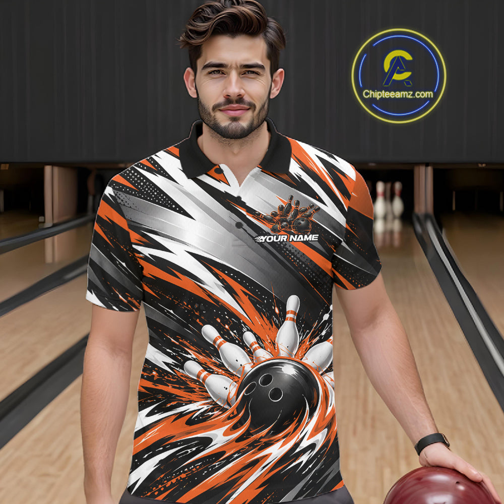 Custom Black And Orange Flame Bowling Jersey, Bowling Polo Team Shirt For Men IPHW12414