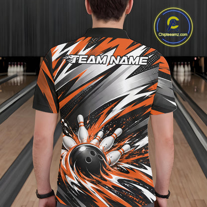 Custom Black And Orange Flame Bowling Jersey, Bowling Polo Team Shirt For Men IPHW12414
