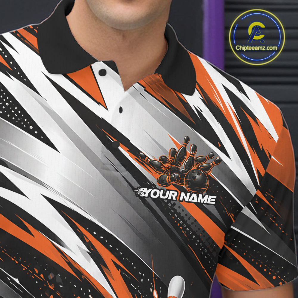 Custom Black And Orange Flame Bowling Jersey, Bowling Polo Team Shirt For Men IPHW12414