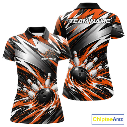 Custom Black And Orange Flame Bowling Jersey, Bowling Polo Team Shirt For Women IPHW12414