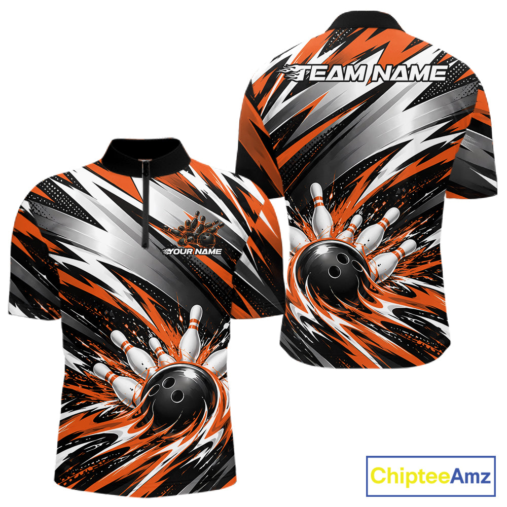 Custom Black And Orange Flame Bowling Jersey, Bowling Quarter Zip Team Shirt For Men IPHW12414
