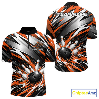 Custom Black And Orange Flame Bowling Jersey, Bowling Quarter Zip Team Shirt For Men IPHW12414