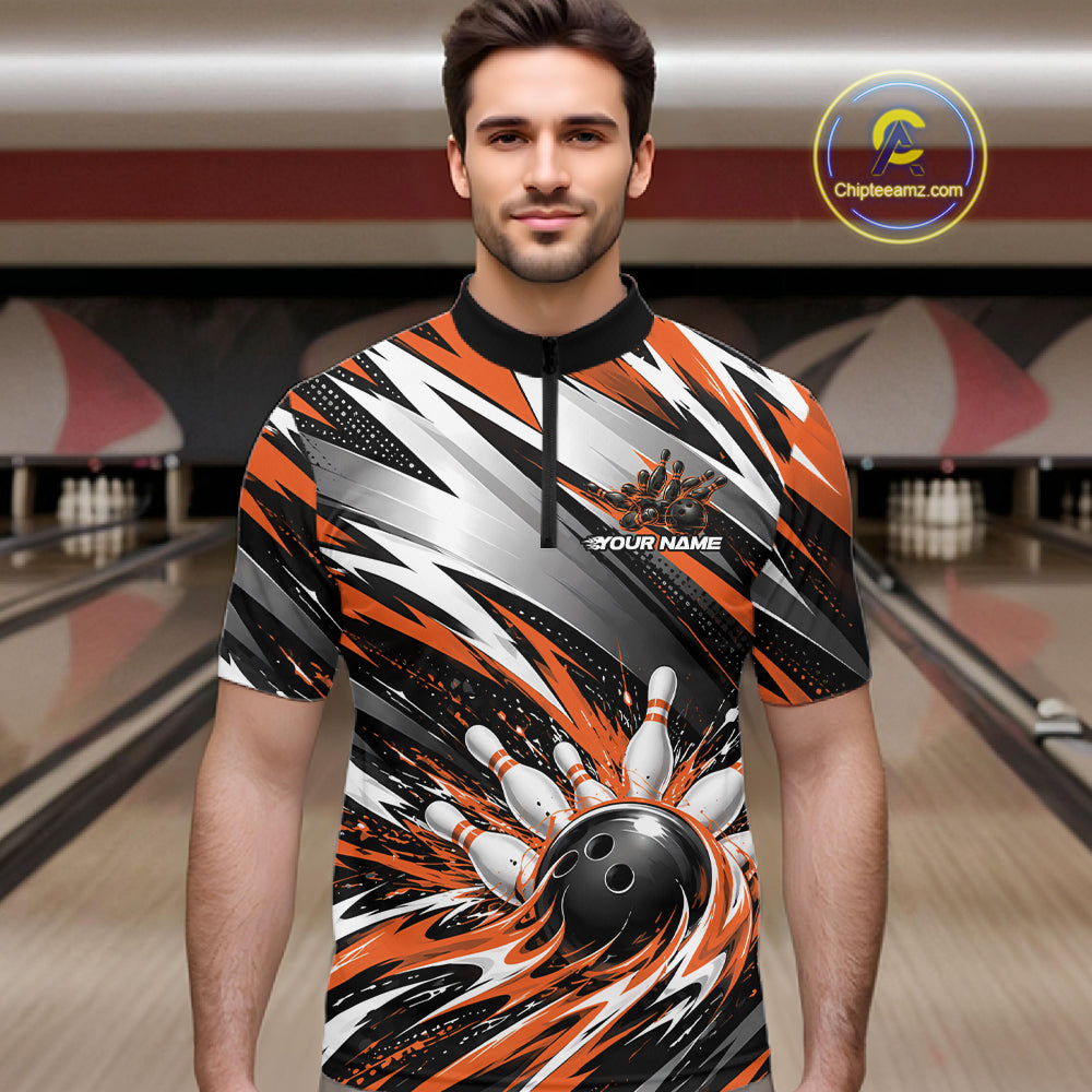Custom Black And Orange Flame Bowling Jersey, Bowling Quarter Zip Team Shirt For Men IPHW12414