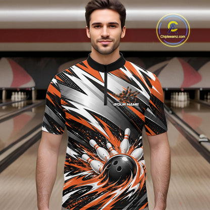 Custom Black And Orange Flame Bowling Jersey, Bowling Quarter Zip Team Shirt For Men IPHW12414