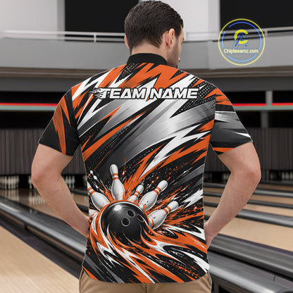 Custom Black And Orange Flame Bowling Jersey, Bowling Quarter Zip Team Shirt For Men IPHW12414