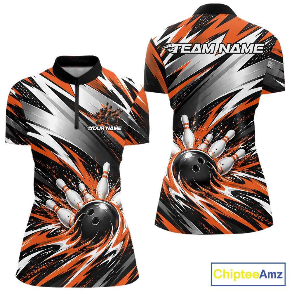 Custom Black And Orange Flame Bowling Jersey, Bowling Quarter-Zip Team Shirt For Women IPHW12414
