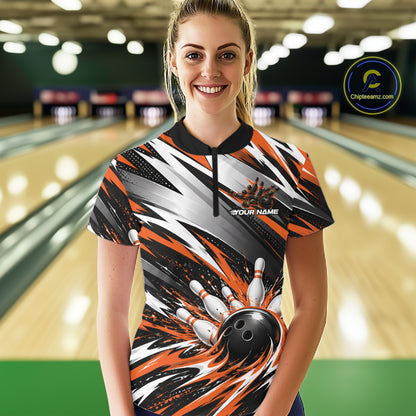 Custom Black And Orange Flame Bowling Jersey, Bowling Quarter-Zip Team Shirt For Women IPHW12414