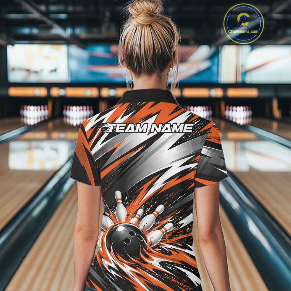 Custom Black And Orange Flame Bowling Jersey, Bowling Quarter-Zip Team Shirt For Women IPHW12414