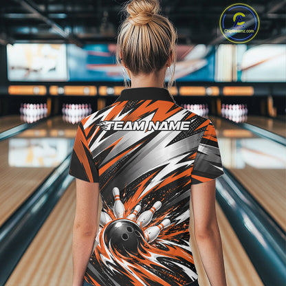 Custom Black And Orange Flame Bowling Jersey, Bowling Quarter-Zip Team Shirt For Women IPHW12414