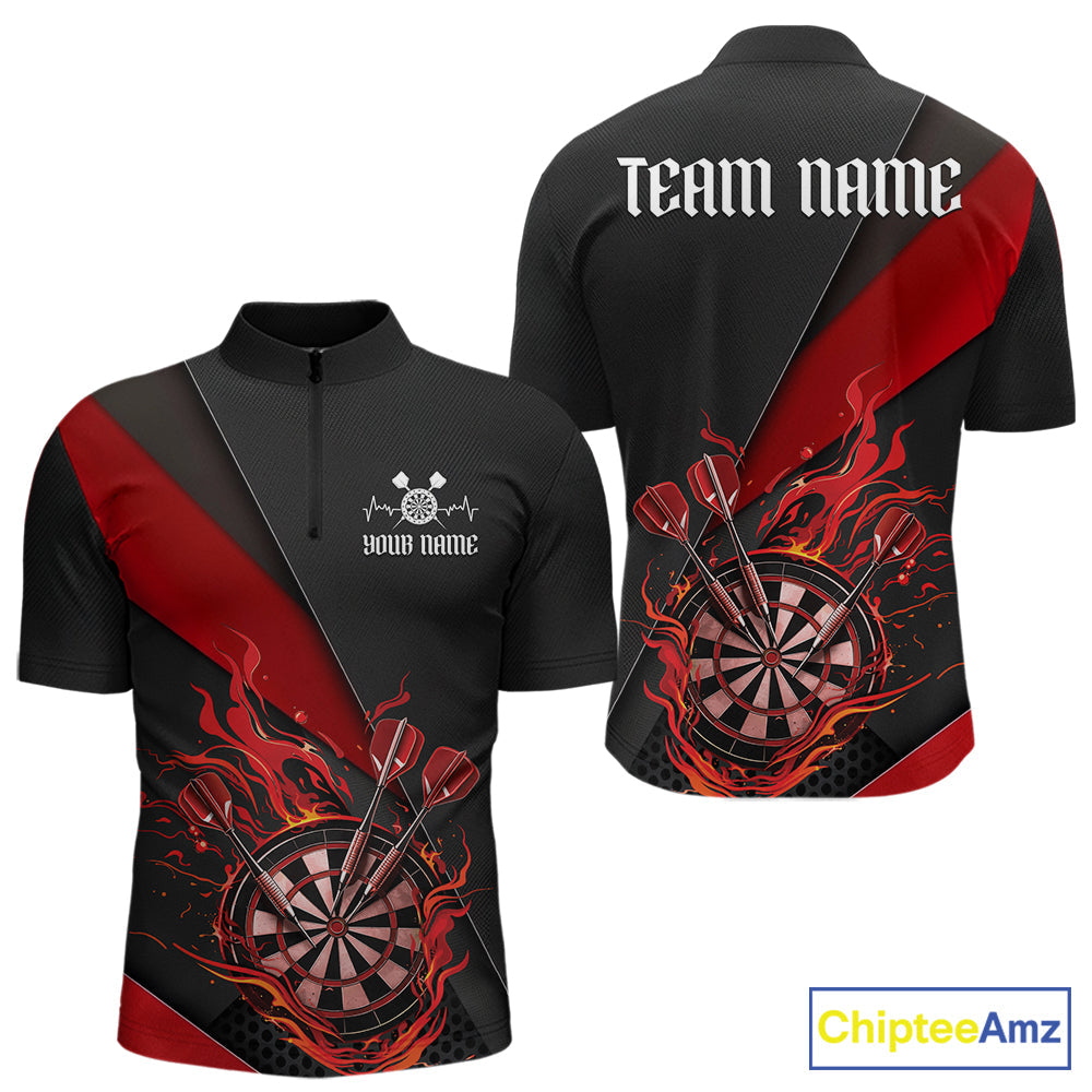 Custom Black And Red Flame Dartboard Darts Team Men Quarter-Zip Shirts, Darts Jerseys IPHW10373