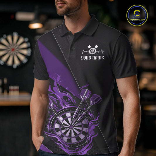 Custom Black And Purple Flame Dartboard Darts Team Men Polo Shirts, Darts Jerseys IPHW10376