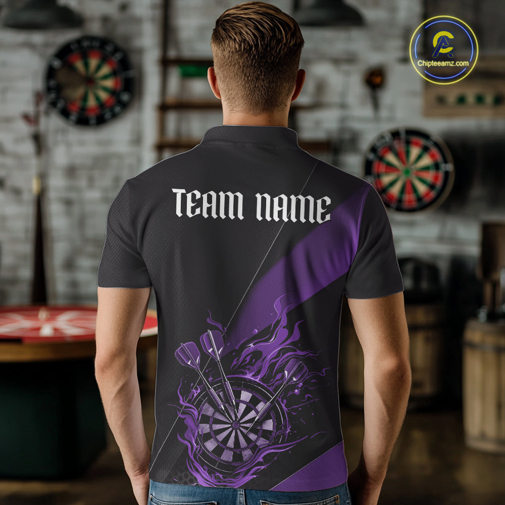 Custom Black And Purple Flame Dartboard Darts Team Men Polo Shirts, Darts Jerseys IPHW10376