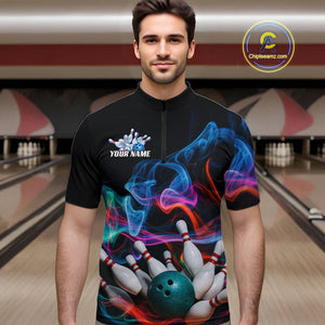 Custom Colorful Smoke Bowling Men Quarter-Zip Shirts, Bowling League Shirt Bowlers Outfit IPHW9018