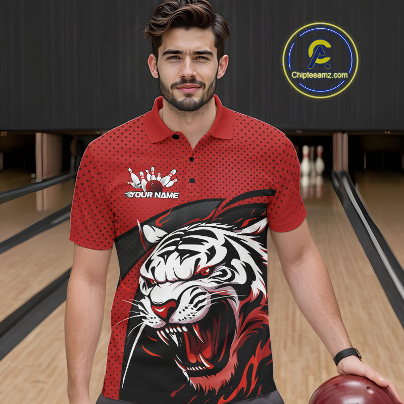 Custom Black And Red Tiger Bowling Team Polo Shirts For Men, Bowling League Shirt IPHW9019