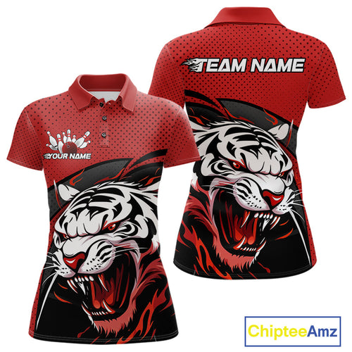 Custom Black And Red Tiger Bowling Team Polo Shirts For Women, Bowling League Shirt IPHW9019