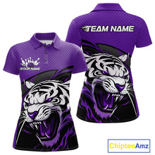 Load image into Gallery viewer, Custom Black And Purple Tiger Bowling Team Polo Shirts For Women, Bowling League Shirt IPHW9020